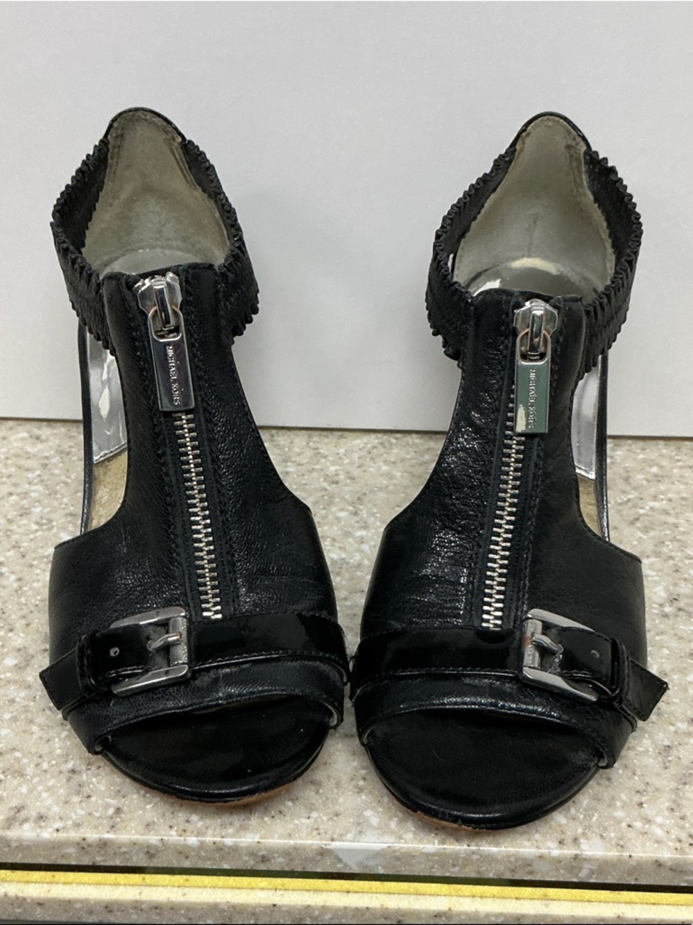 Michael Kors Black Leather Zip Front Heeled Sandals with Buckle